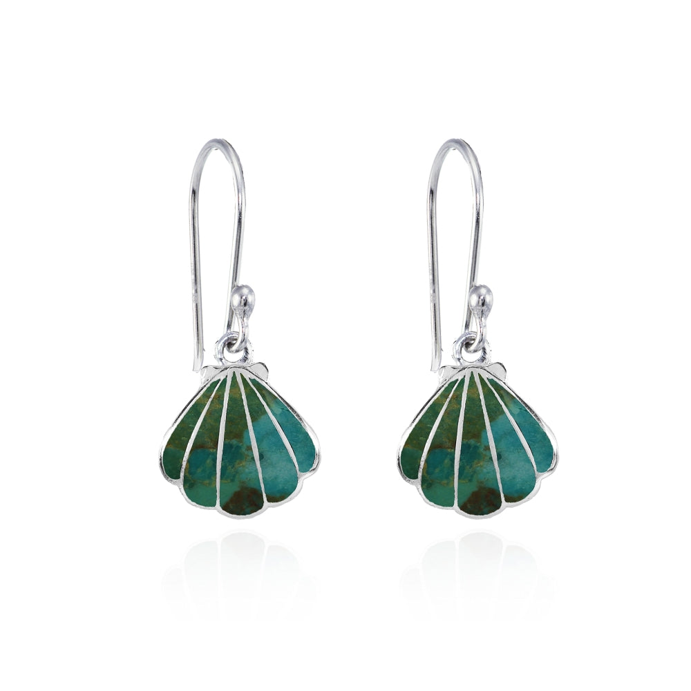 Sterling Silver Created Turquoise Seashell Dangle Earrings-2