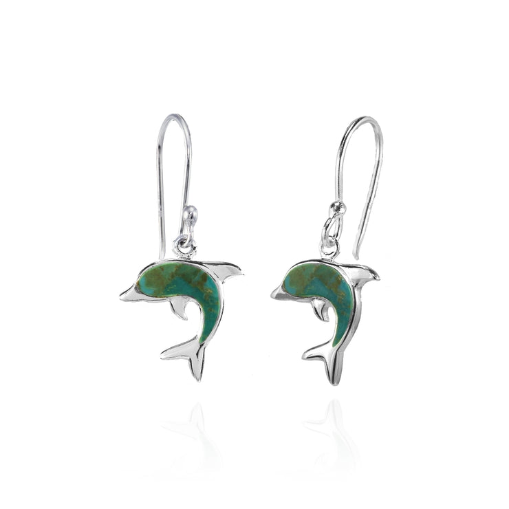 Sterling Silver Created Turquoise Dolphin Animal Dangle Earrings