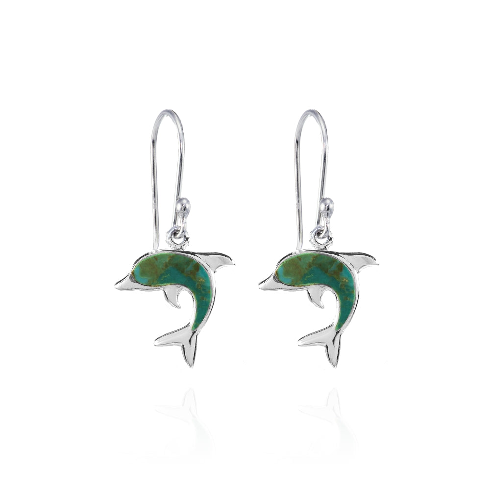 Sterling Silver Created Turquoise Dolphin Animal Dangle Earrings-2
