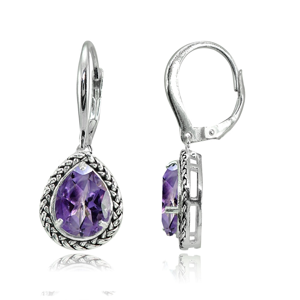 Sterling Silver Amethyst Pear-Cut Oxidized Rope Dangle Leverback Earrings
