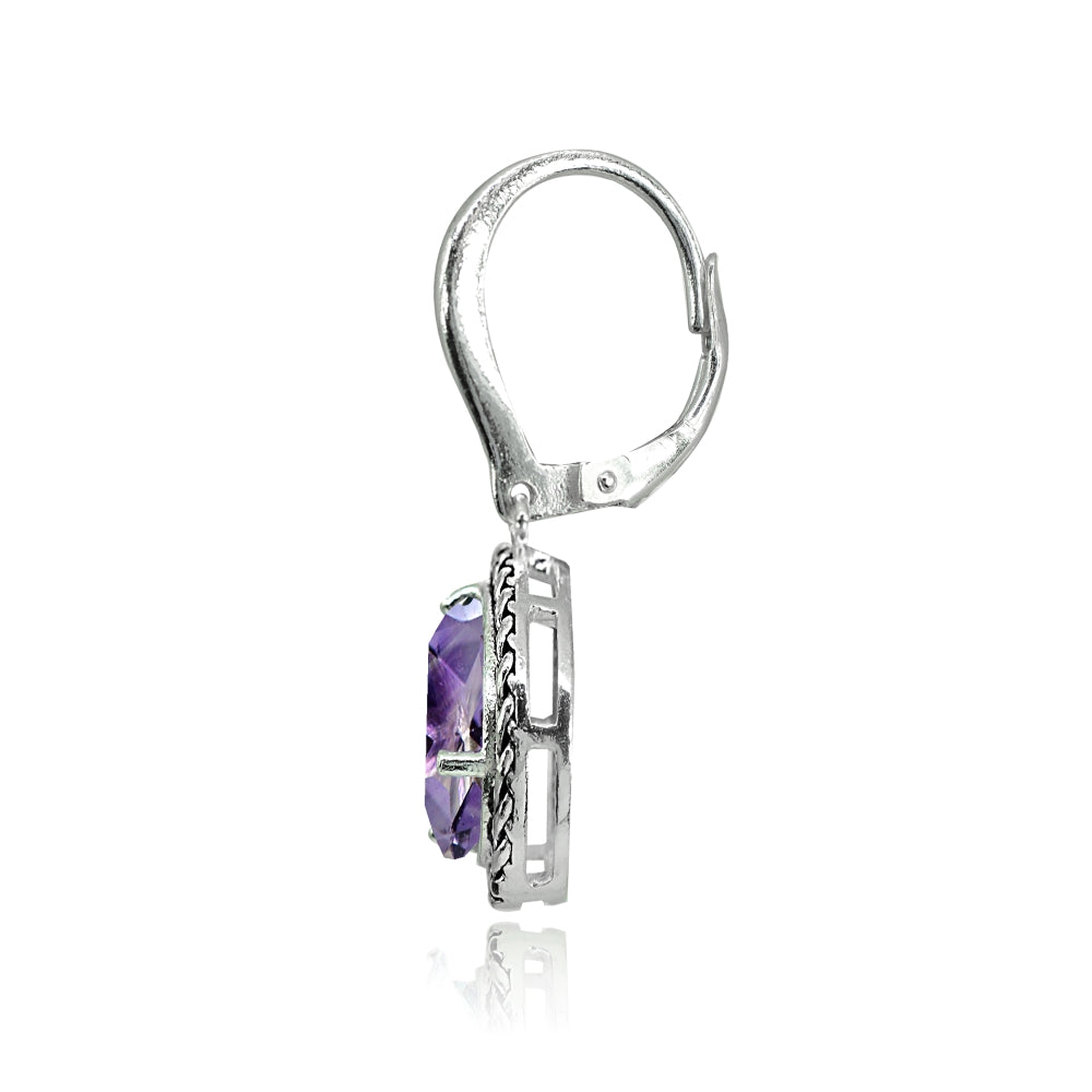 Sterling Silver Amethyst Pear-Cut Oxidized Rope Dangle Leverback Earrings-2