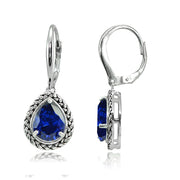 Sterling Silver Created Blue Sapphire Pear-Cut Oxidized Rope Dangle Leverback Earrings