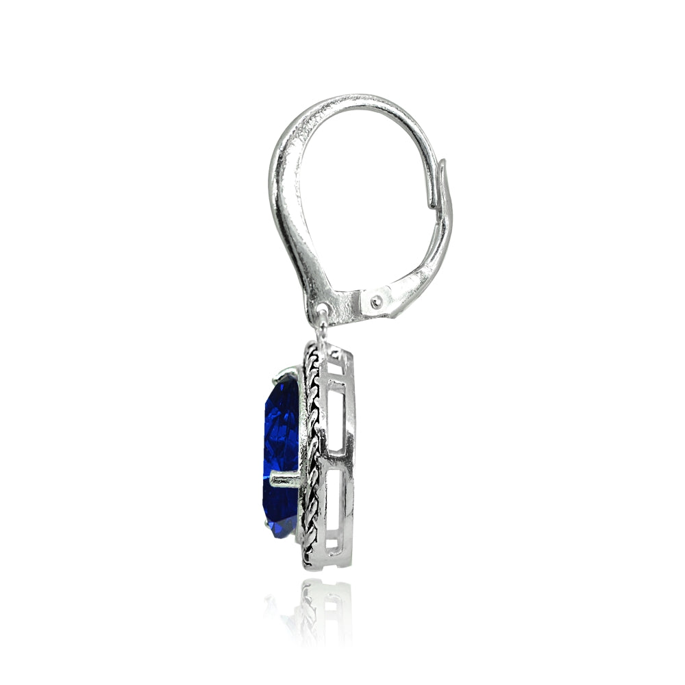 Sterling Silver Created Blue Sapphire Pear-Cut Oxidized Rope Dangle Leverback Earrings-2