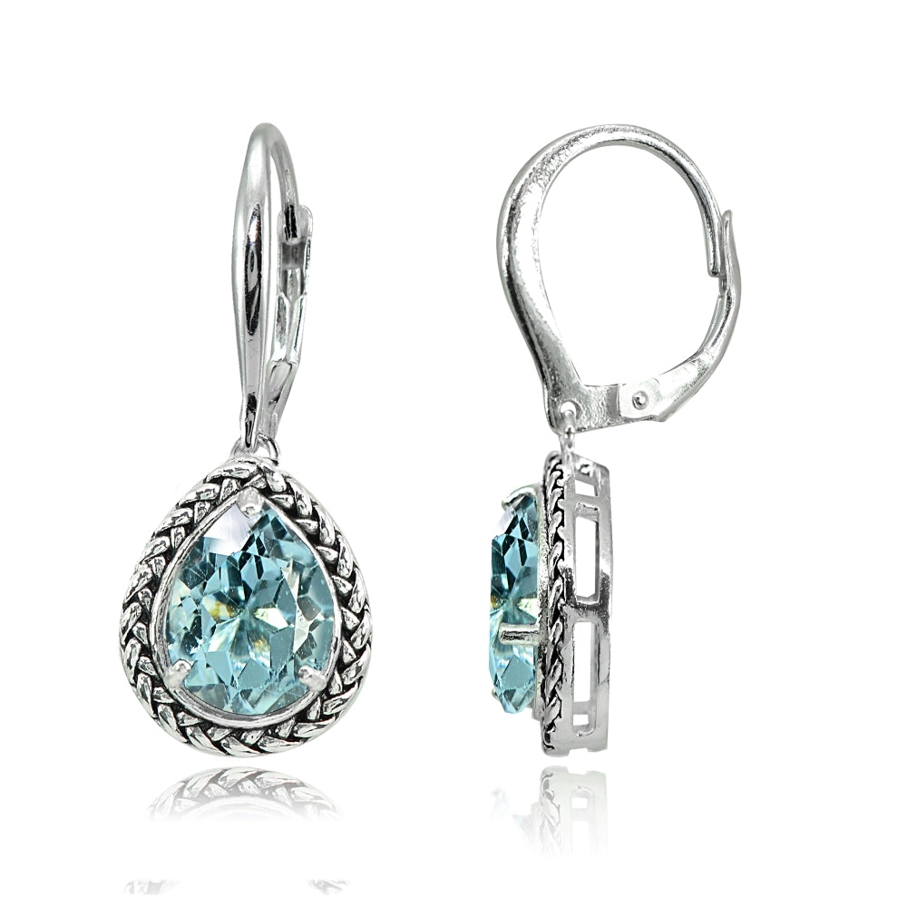 Sterling Silver Blue Topaz Pear-Cut Oxidized Rope Dangle Leverback Earrings
