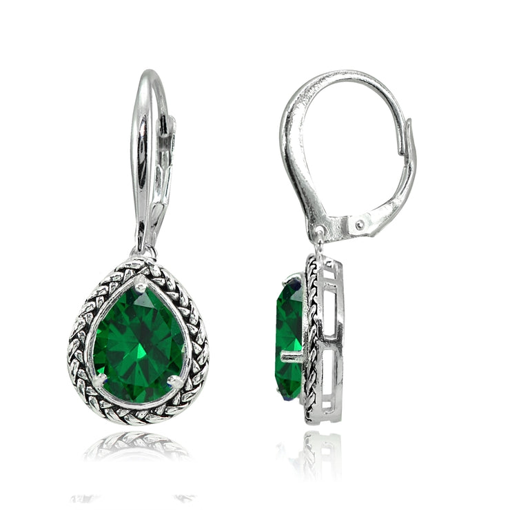Sterling Silver Simulated Emerald Pear-Cut Oxidized Rope Dangle Leverback Earrings