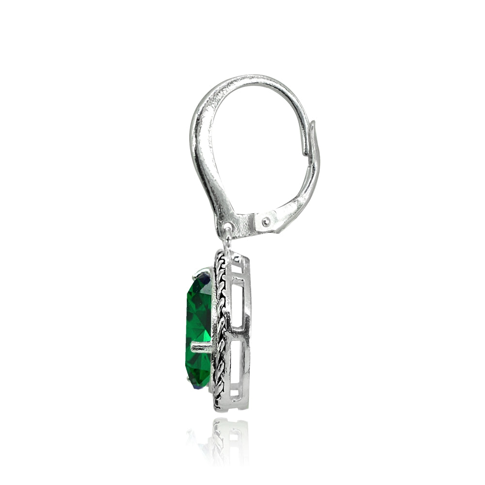 Sterling Silver Simulated Emerald Pear-Cut Oxidized Rope Dangle Leverback Earrings-2