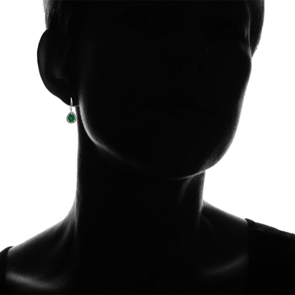 Sterling Silver Simulated Emerald Pear-Cut Oxidized Rope Dangle Leverback Earrings-3