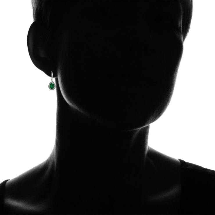 Sterling Silver Simulated Emerald Pear-Cut Oxidized Rope Dangle Leverback Earrings