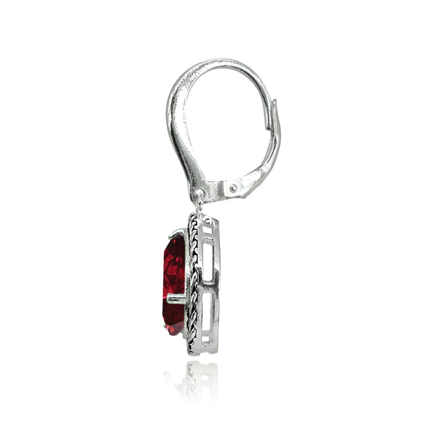 Sterling Silver Created Ruby Pear-Cut Oxidized Rope Dangle Leverback Earrings