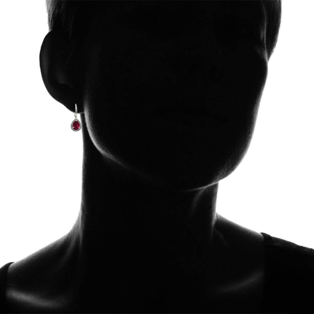 Sterling Silver Created Ruby Pear-Cut Oxidized Rope Dangle Leverback Earrings-3
