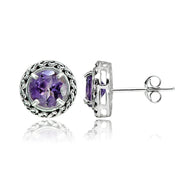 Sterling Silver Amethyst Round Oxidized Rope Stud Earrings