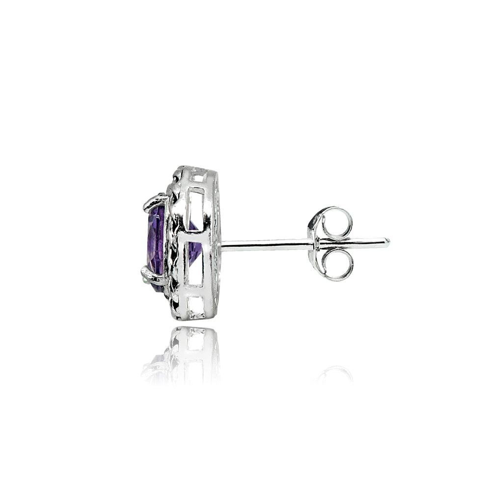 Sterling Silver Amethyst Round Oxidized Rope Stud Earrings-2