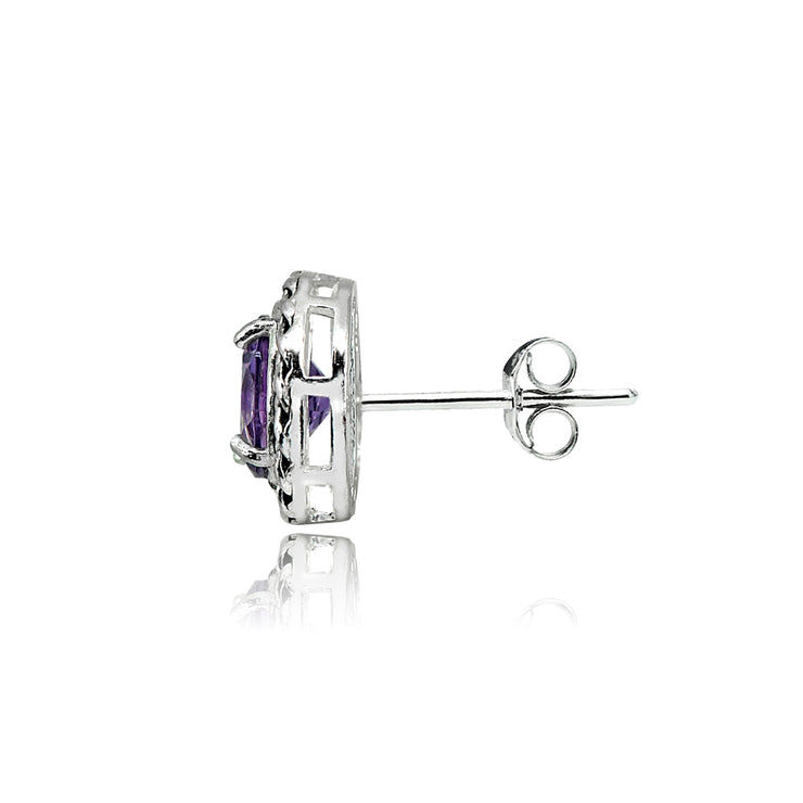 Sterling Silver Amethyst Round Oxidized Rope Stud Earrings