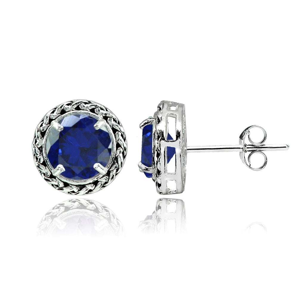 Sterling Silver Created Blue Sapphire Round Oxidized Rope Stud Earrings