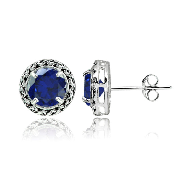 Sterling Silver Created Blue Sapphire Round Oxidized Rope Stud Earrings