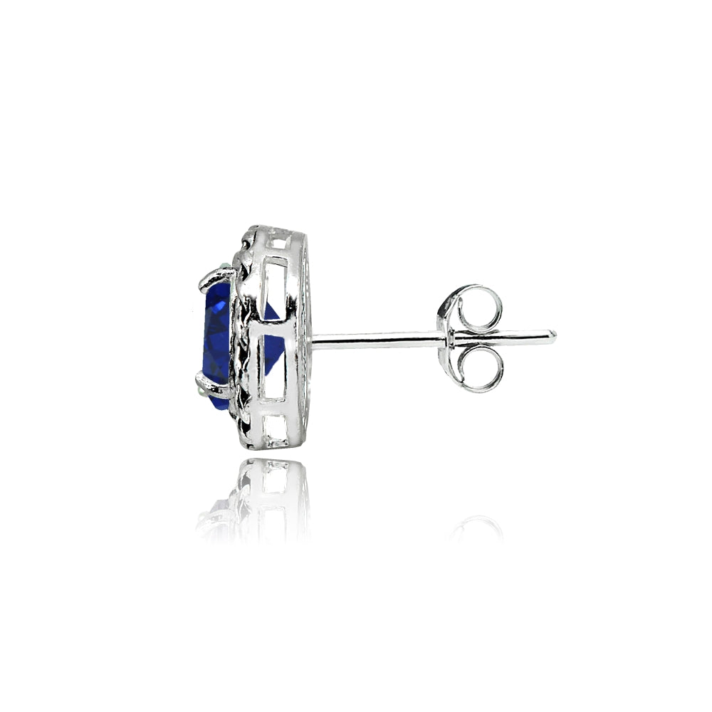 Sterling Silver Created Blue Sapphire Round Oxidized Rope Stud Earrings-2