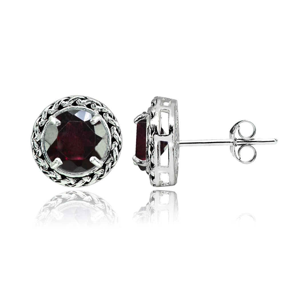 Sterling Silver Garnet Round Oxidized Rope Stud Earrings