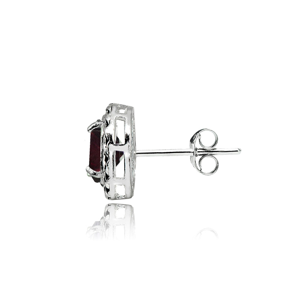 Sterling Silver Garnet Round Oxidized Rope Stud Earrings-2
