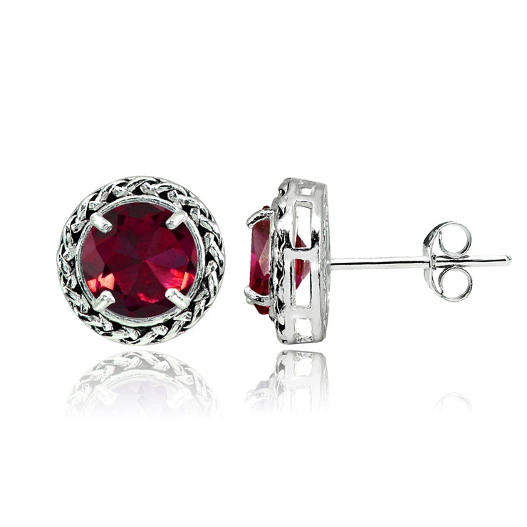 Sterling Silver Created Ruby Round Oxidized Rope Stud Earrings