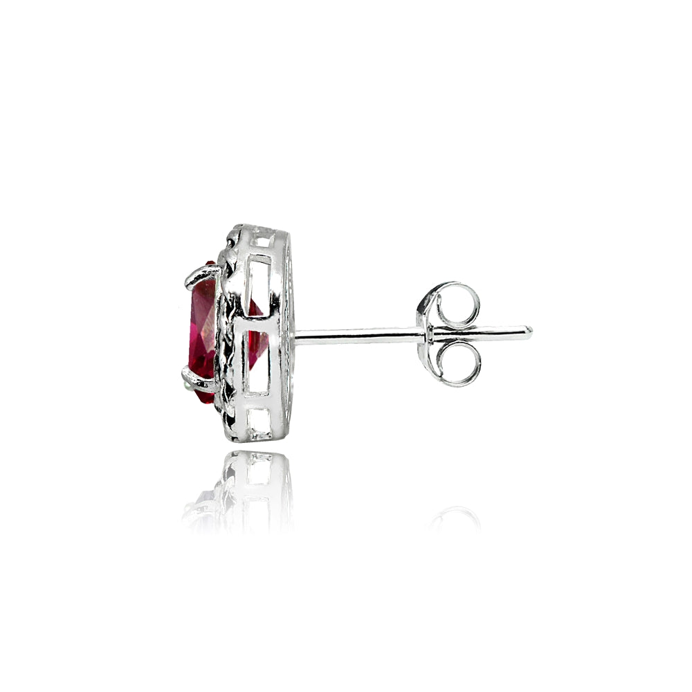Sterling Silver Created Ruby Round Oxidized Rope Stud Earrings-2