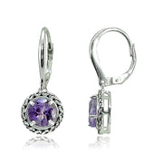 Sterling Silver Amethyst Round Oxidized Rope Dangle Leverback Earrings