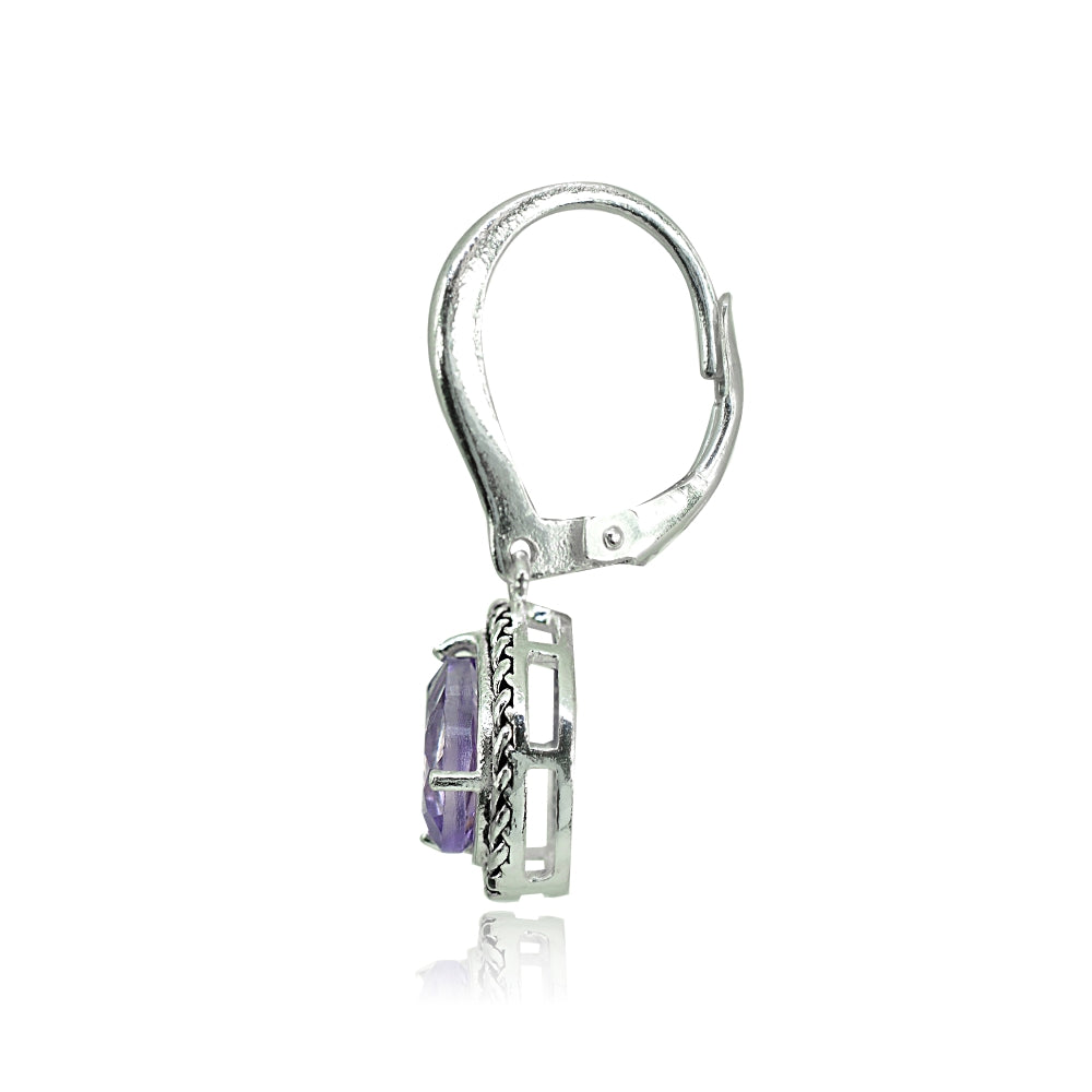 Sterling Silver Amethyst Round Oxidized Rope Dangle Leverback Earrings-2