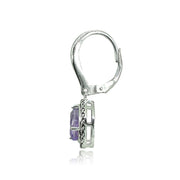 Sterling Silver Amethyst Round Oxidized Rope Dangle Leverback Earrings