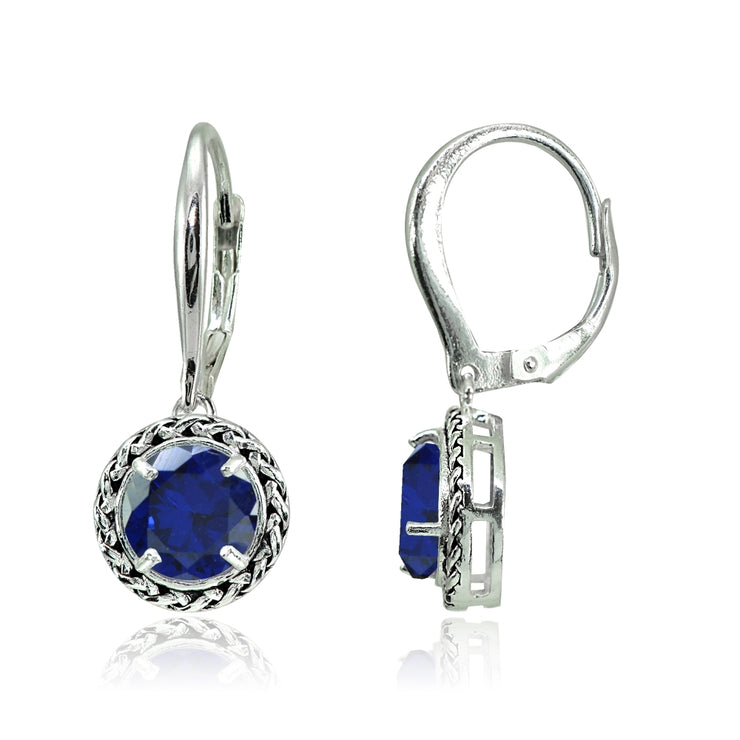 Sterling Silver Created Blue Sapphire Round Oxidized Rope Dangle Leverback Earrings
