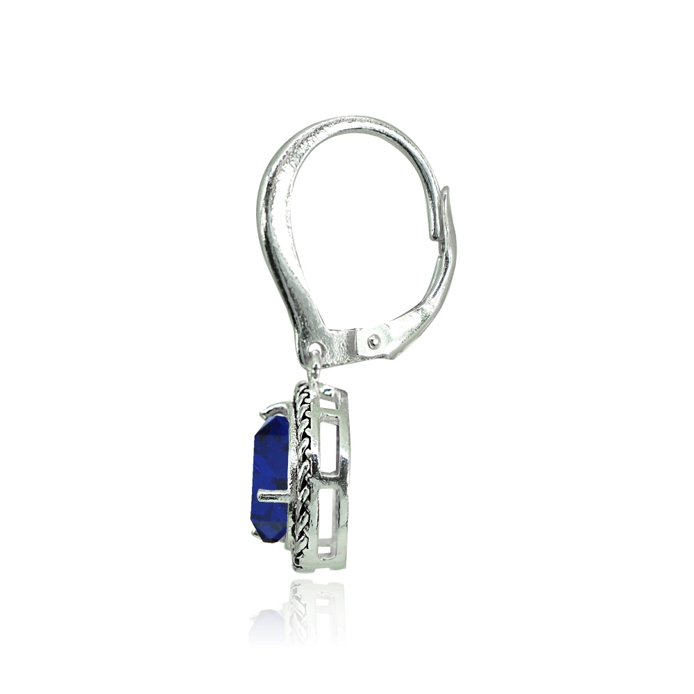 Sterling Silver Created Blue Sapphire Round Oxidized Rope Dangle Leverback Earrings-2