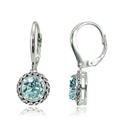 Sterling Silver Blue Topaz Round Oxidized Rope Dangle Leverback Earrings