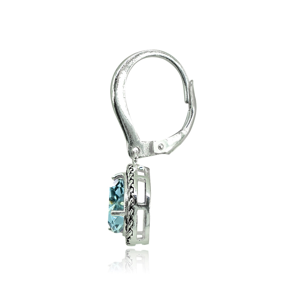 Sterling Silver Blue Topaz Round Oxidized Rope Dangle Leverback Earrings-2