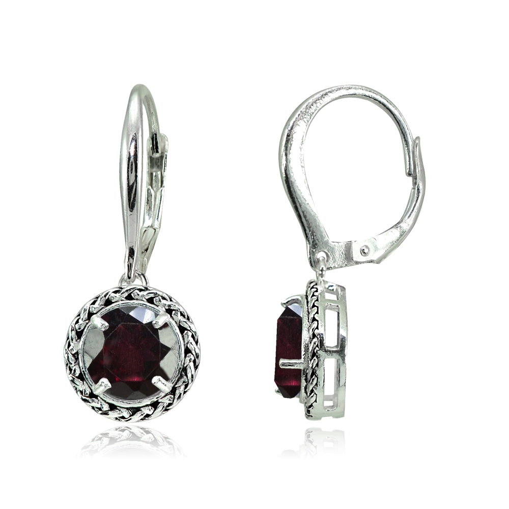 Sterling Silver Garnet Round Oxidized Rope Dangle Leverback Earrings