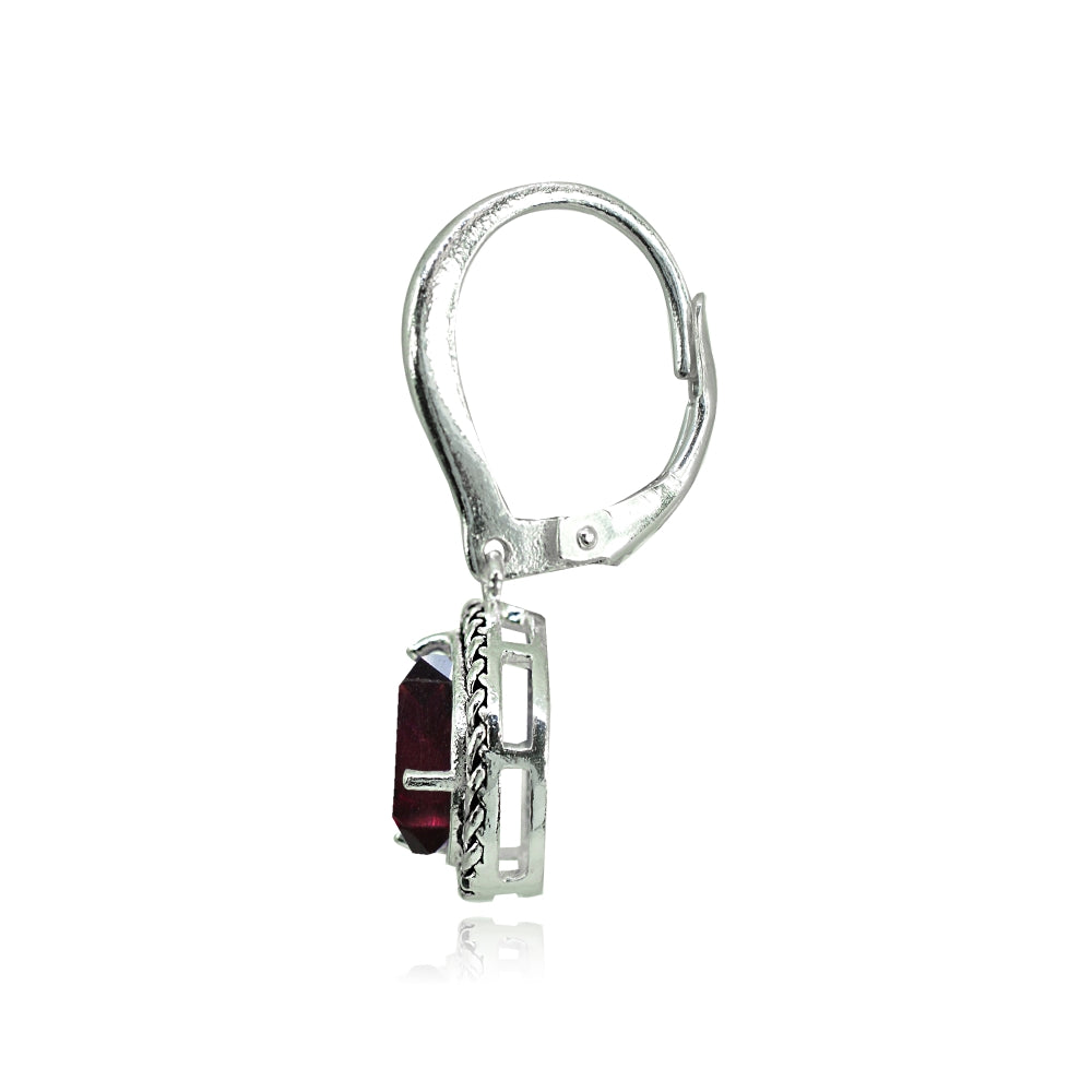 Sterling Silver Garnet Round Oxidized Rope Dangle Leverback Earrings-2