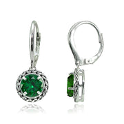 Sterling Silver Simulated Emerald Round Oxidized Rope Dangle Leverback Earrings