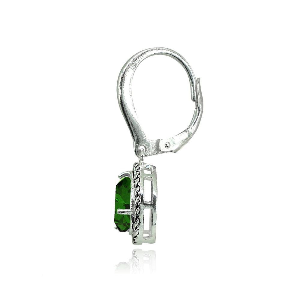 Sterling Silver Simulated Emerald Round Oxidized Rope Dangle Leverback Earrings-2