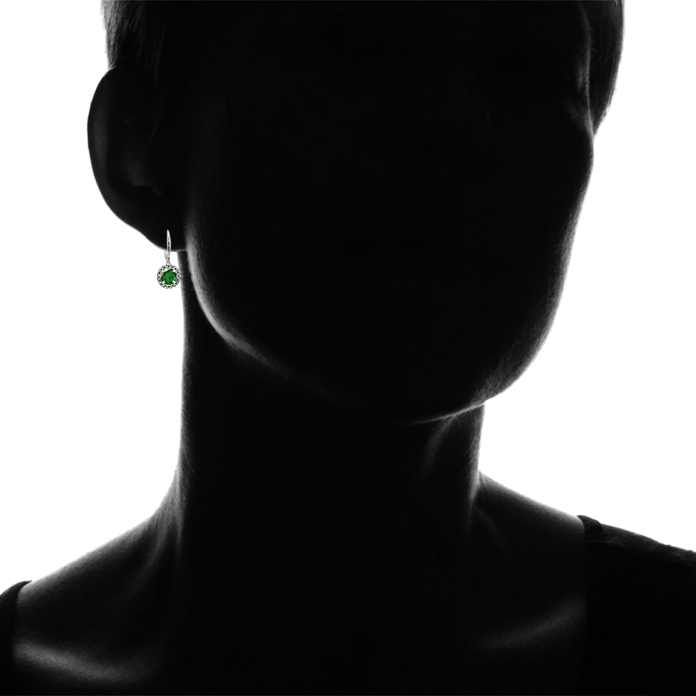 Sterling Silver Simulated Emerald Round Oxidized Rope Dangle Leverback Earrings-3