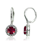 Sterling Silver Created Ruby Round Oxidized Rope Dangle Leverback Earrings