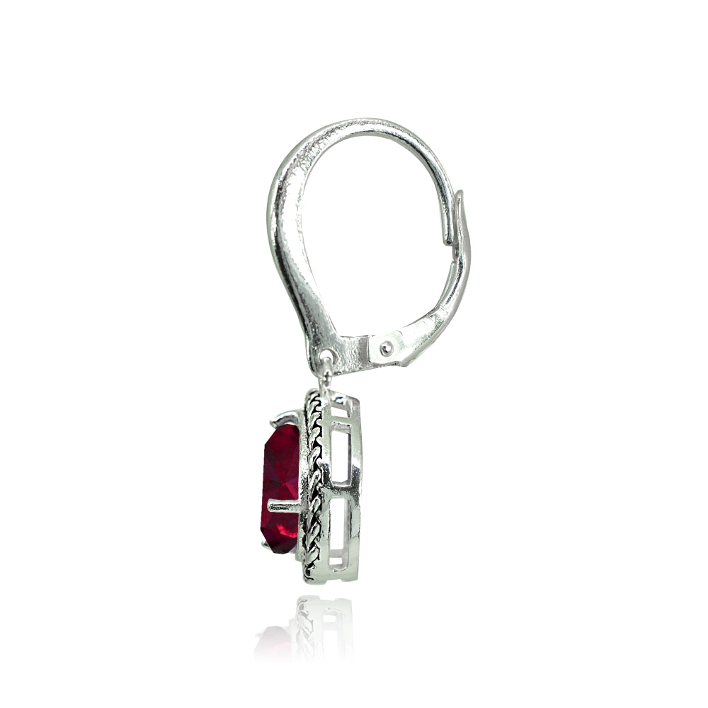 Sterling Silver Created Ruby Round Oxidized Rope Dangle Leverback Earrings-2