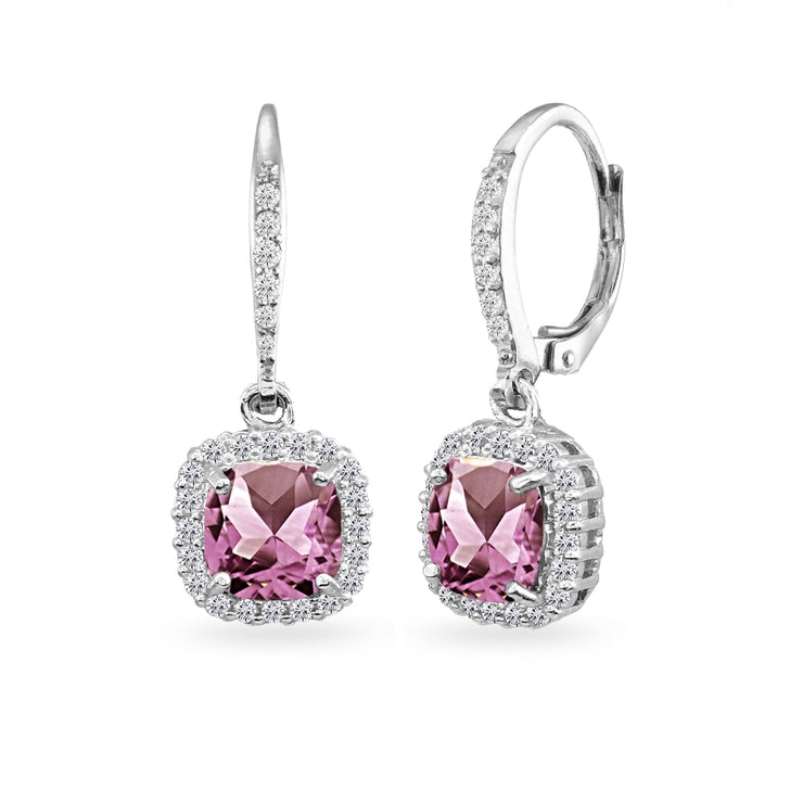 Sterling Silver Created Alexandrite Cushion-Cut Dangle Halo Leverback Earrings with White Topaz Accents
