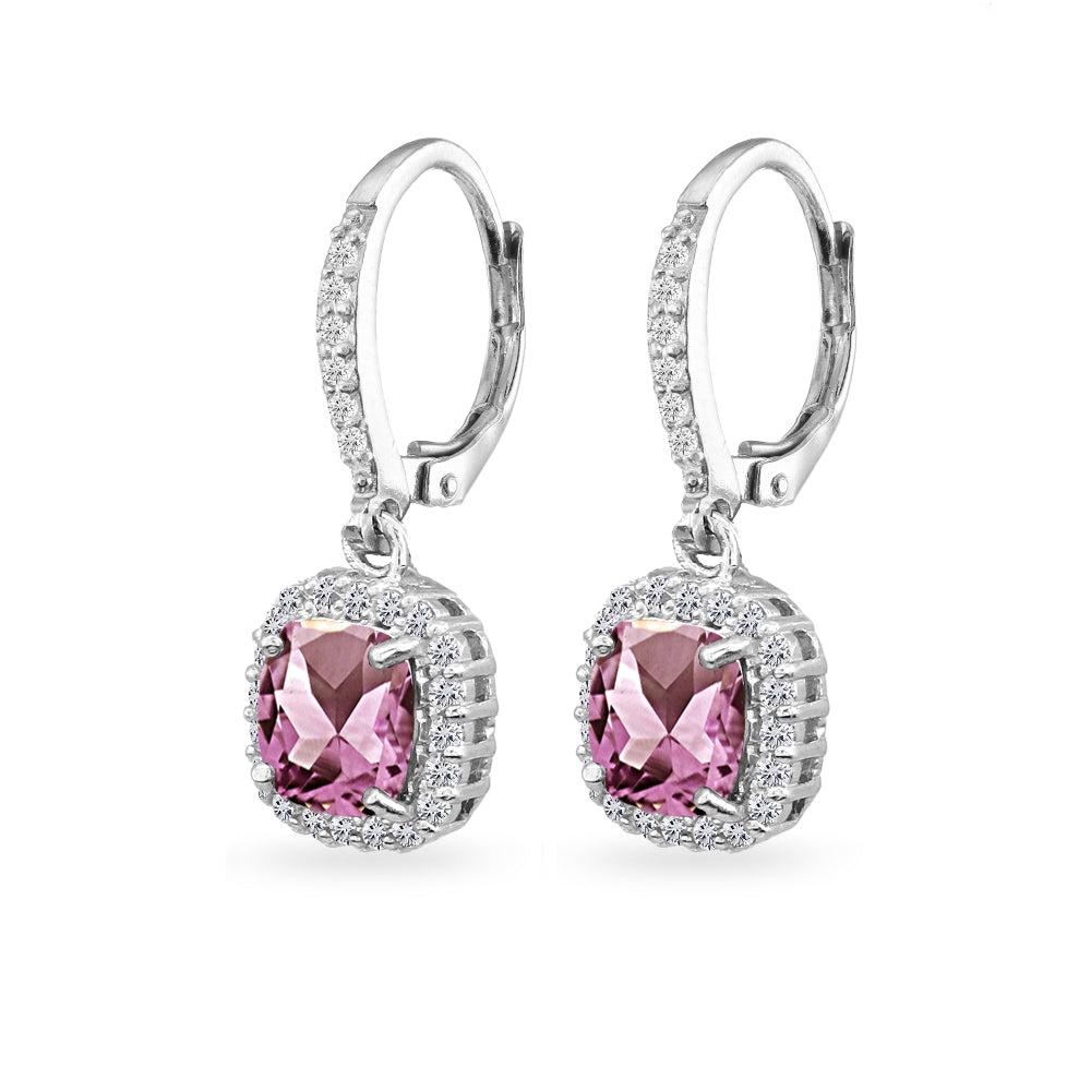 Sterling Silver Created Alexandrite Cushion-Cut Dangle Halo Leverback Earrings with White Topaz Accents-2