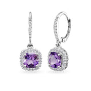 Sterling Silver Amethyst Cushion-Cut Dangle Halo Leverback Earrings with White Topaz Accents