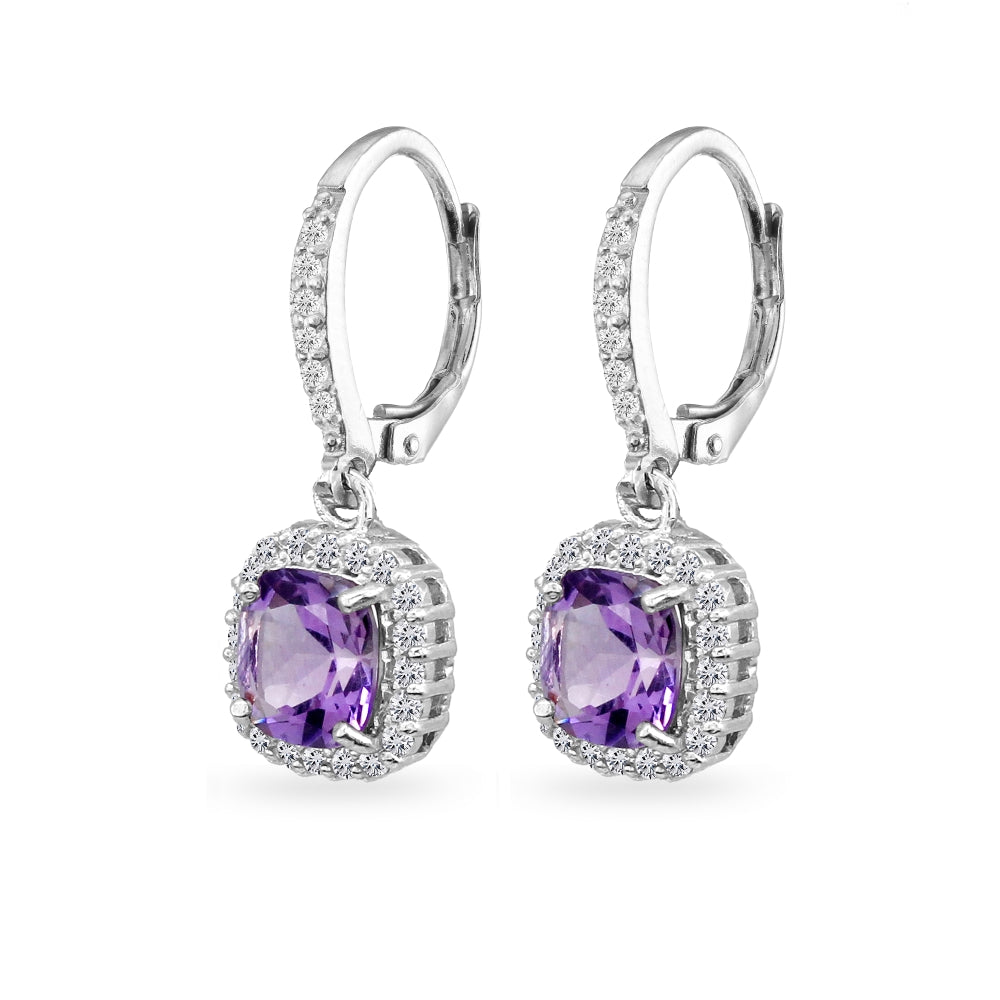 Sterling Silver Amethyst Cushion-Cut Dangle Halo Leverback Earrings with White Topaz Accents-2