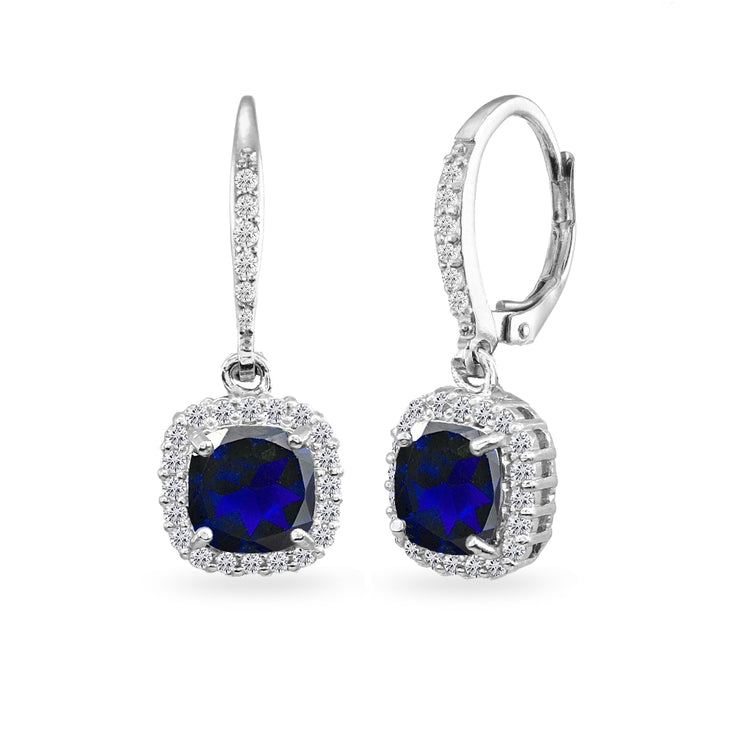 Sterling Silver Created Blue Sapphire Cushion-Cut Dangle Halo Leverback Earrings with White Topaz Accents