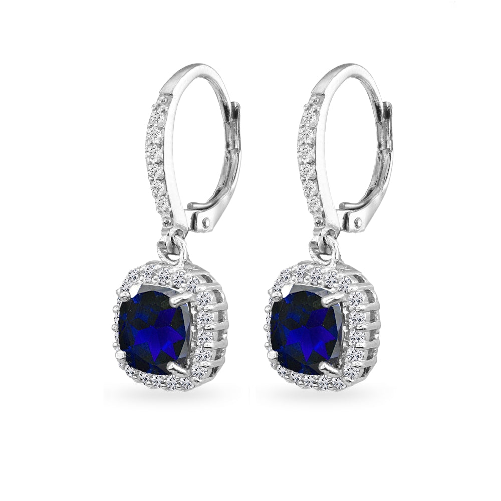 Sterling Silver Created Blue Sapphire Cushion-Cut Dangle Halo Leverback Earrings with White Topaz Accents-2