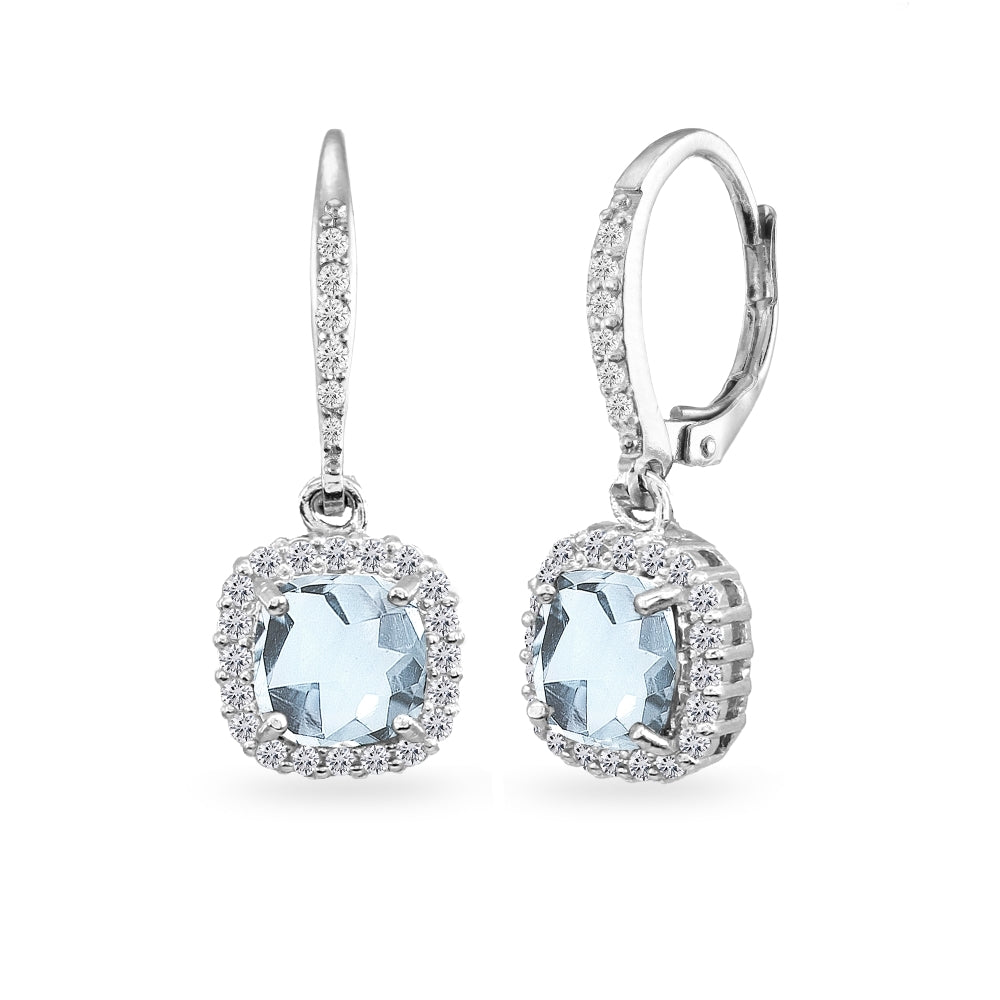 Sterling Silver Blue Topaz Cushion-Cut Dangle Halo Leverback Earrings with White Topaz Accents
