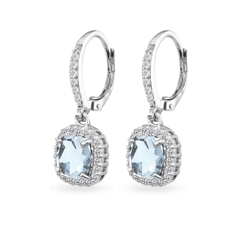 Sterling Silver Blue Topaz Cushion-Cut Dangle Halo Leverback Earrings with White Topaz Accents-2