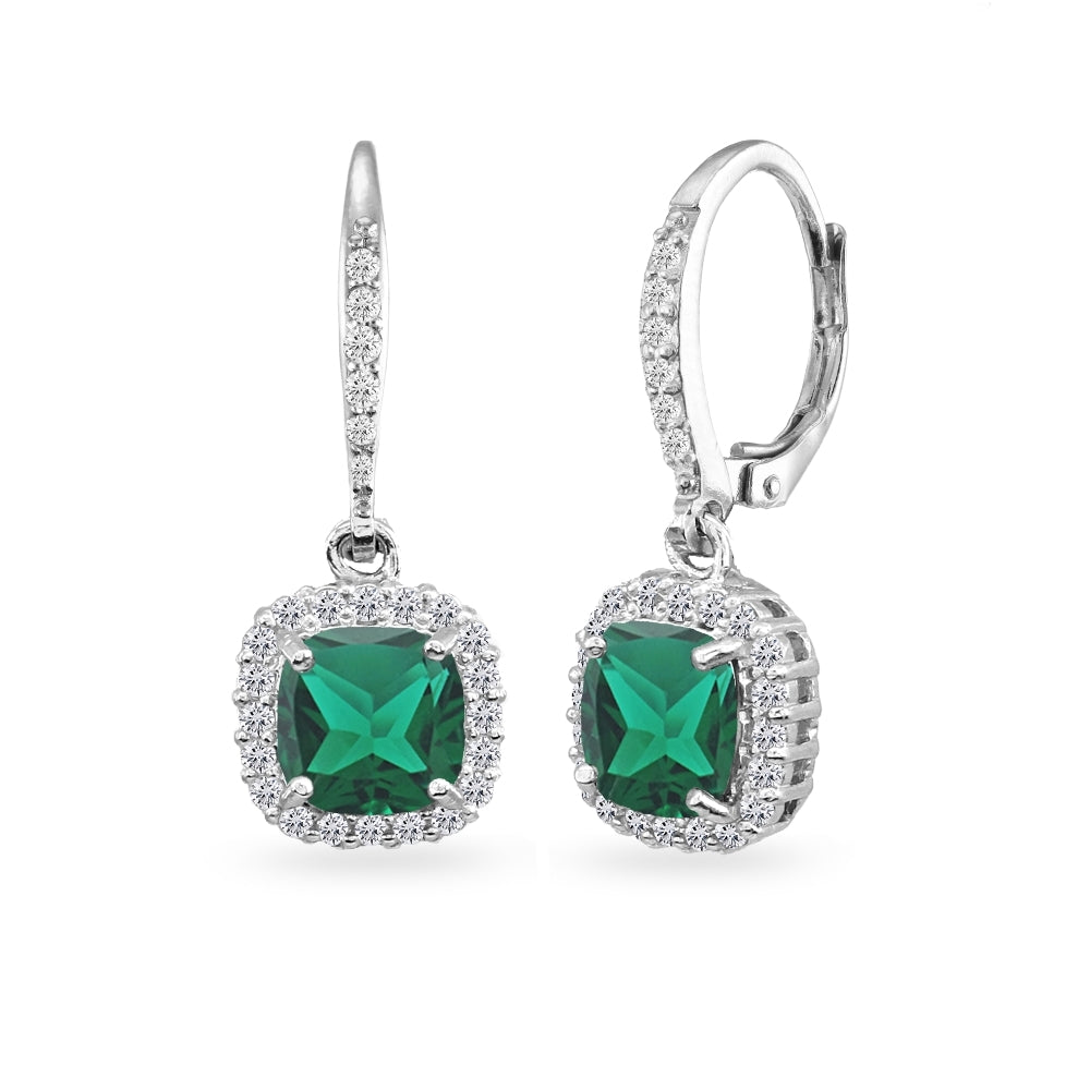 Sterling Silver Created Emerald Cushion-Cut Dangle Halo Leverback Earrings with White Topaz Accents