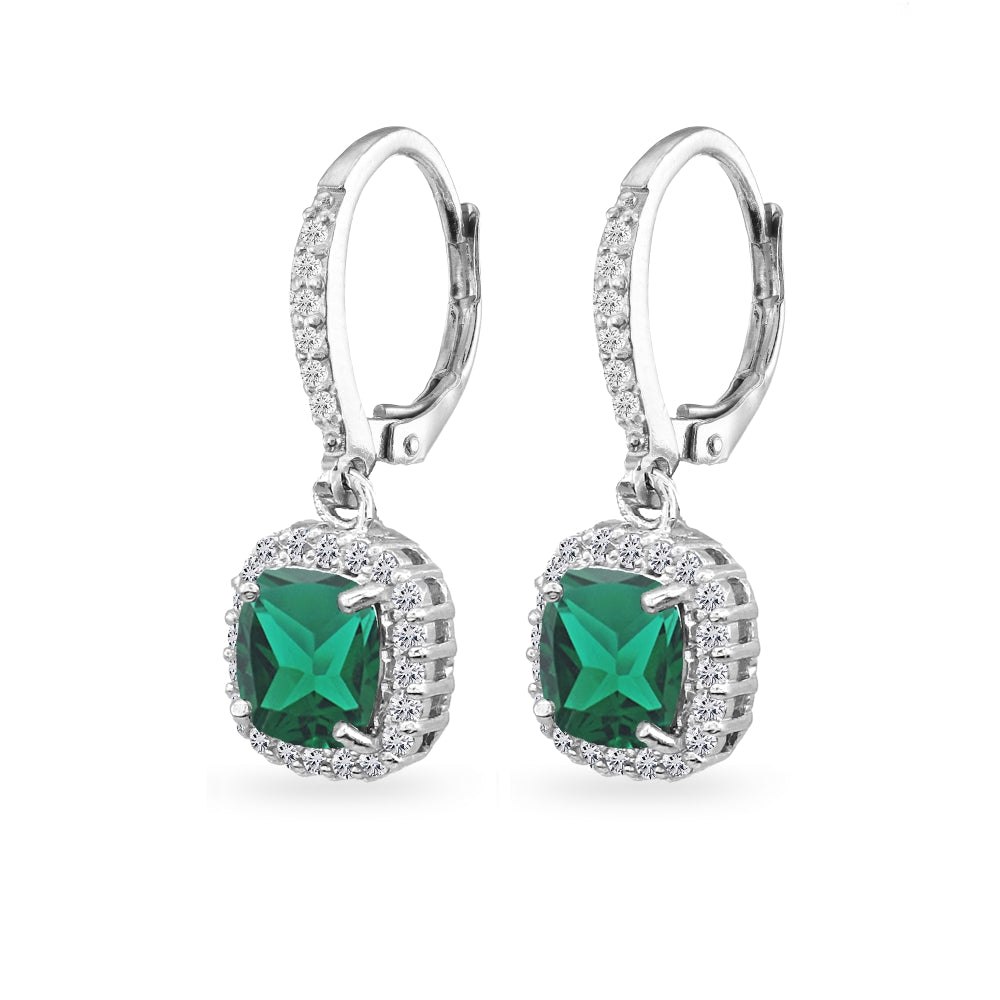 Sterling Silver Created Emerald Cushion-Cut Dangle Halo Leverback Earrings with White Topaz Accents-2