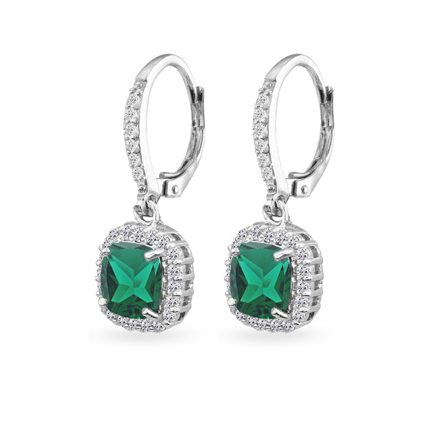 Sterling Silver Created Emerald Cushion-Cut Dangle Halo Leverback Earrings with White Topaz Accents
