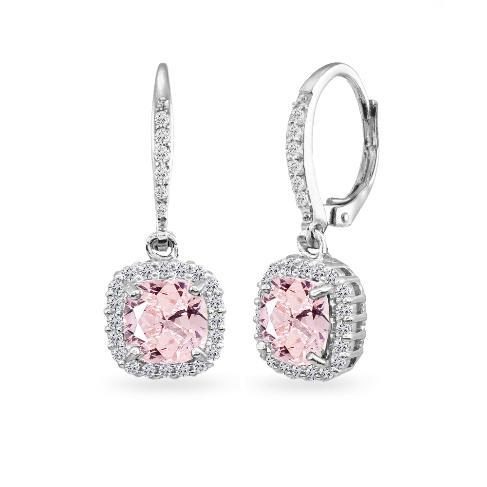 Sterling Silver Created Morganite Cushion-Cut Dangle Halo Leverback Earrings with White Topaz Accents